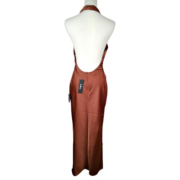 Lulus Beyond Classy Brown Satin Halter Midi Dress Backless Slit SM NWT - Picture 5 of 8